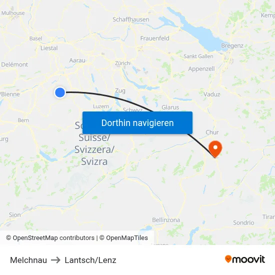 Melchnau to Lantsch/Lenz map