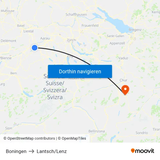 Boningen to Lantsch/Lenz map
