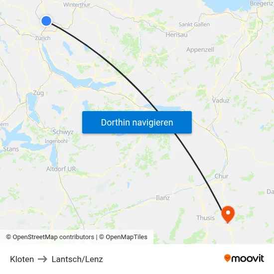 Kloten to Lantsch/Lenz map