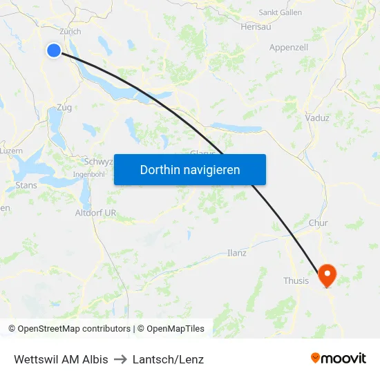 Wettswil AM Albis to Lantsch/Lenz map