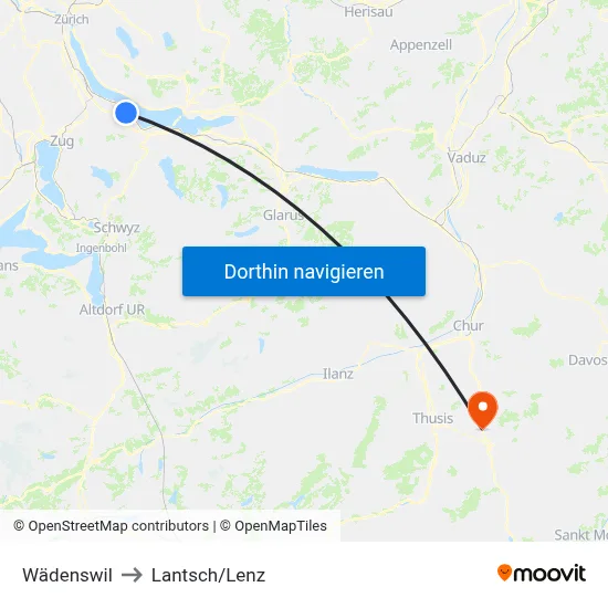 Wädenswil to Lantsch/Lenz map