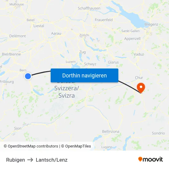 Rubigen to Lantsch/Lenz map