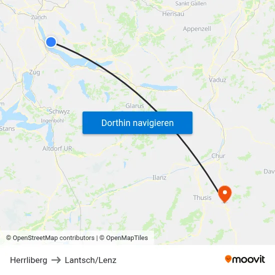 Herrliberg to Lantsch/Lenz map