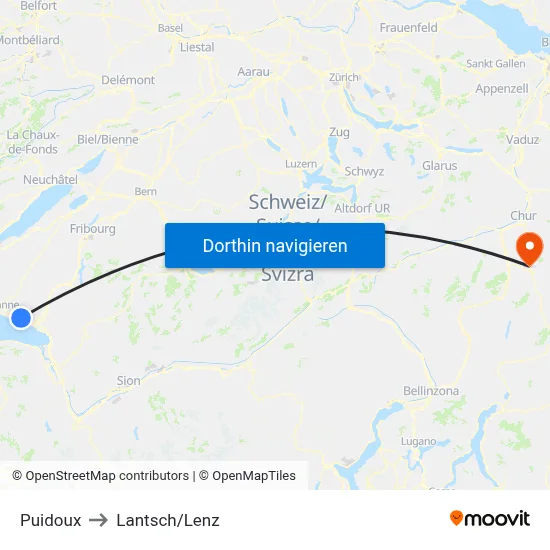 Puidoux to Lantsch/Lenz map