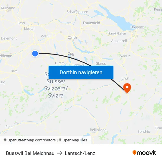 Busswil Bei Melchnau to Lantsch/Lenz map