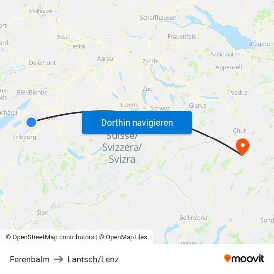 Ferenbalm to Lantsch/Lenz map