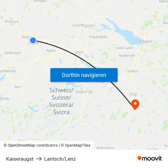 Kaiseraugst to Lantsch/Lenz map