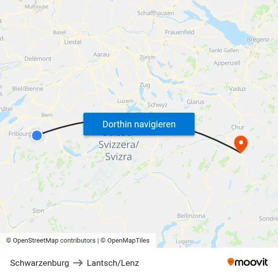 Schwarzenburg to Lantsch/Lenz map