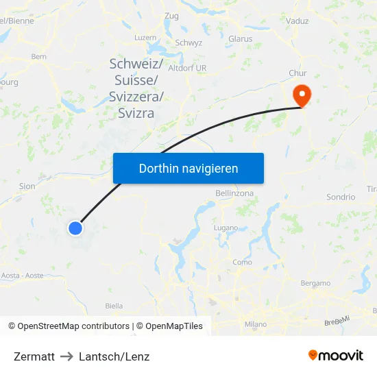 Zermatt to Lantsch/Lenz map
