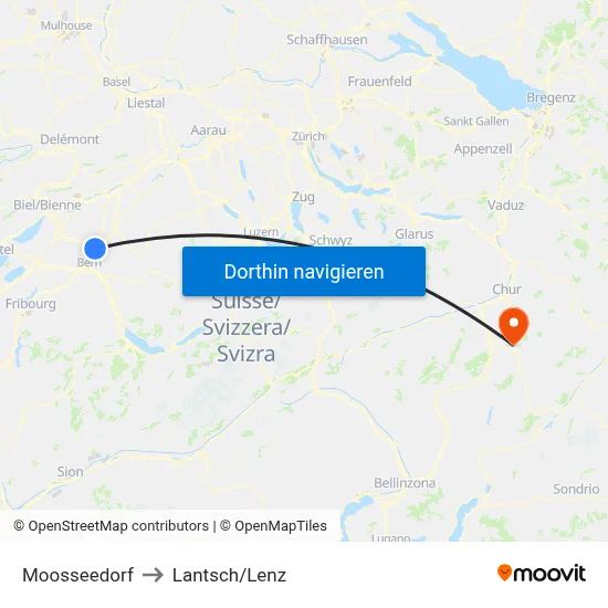 Moosseedorf to Lantsch/Lenz map