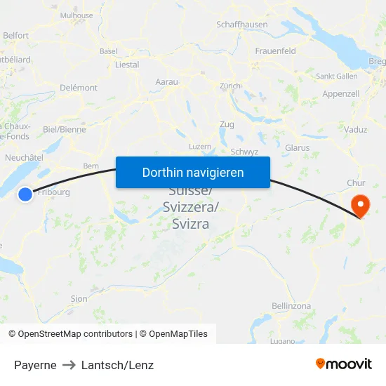Payerne to Lantsch/Lenz map