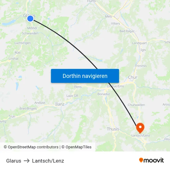 Glarus to Lantsch/Lenz map