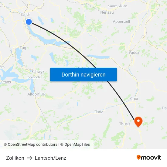 Zollikon to Lantsch/Lenz map