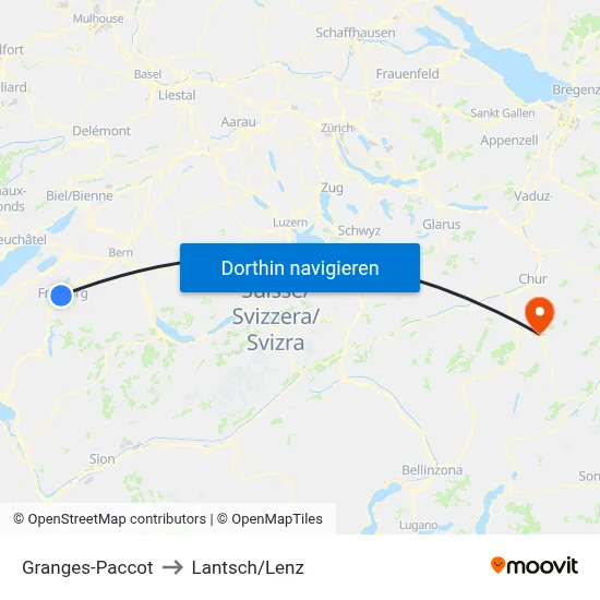 Granges-Paccot to Lantsch/Lenz map