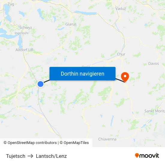 Tujetsch to Lantsch/Lenz map