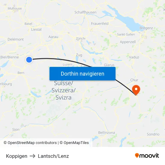 Koppigen to Lantsch/Lenz map