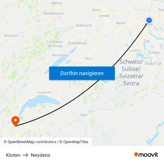 Kloten to Neydens map