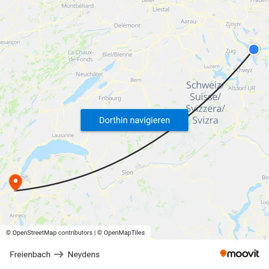 Freienbach to Neydens map