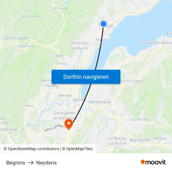 Begnins to Neydens map