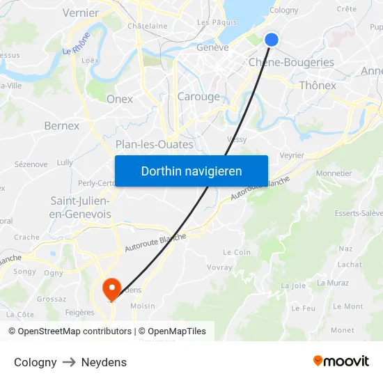 Cologny to Neydens map