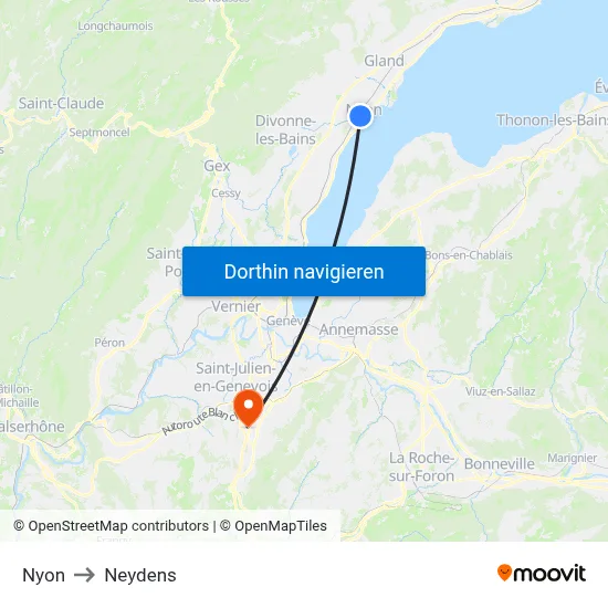 Nyon to Neydens map