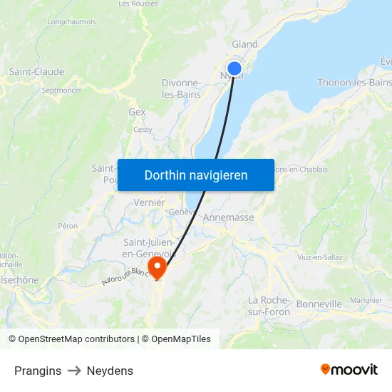 Prangins to Neydens map