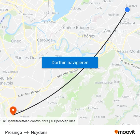 Presinge to Neydens map