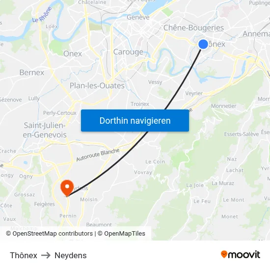 Thônex to Neydens map