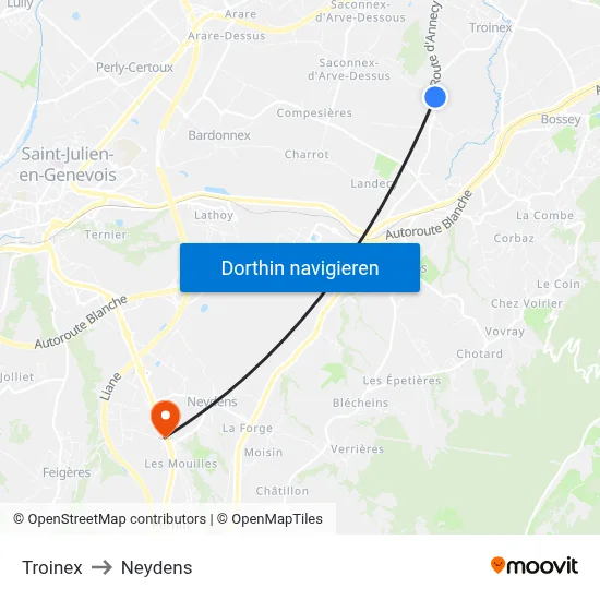 Troinex to Neydens map