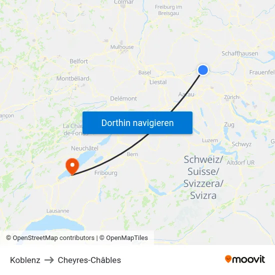 Koblenz to Cheyres-Châbles map
