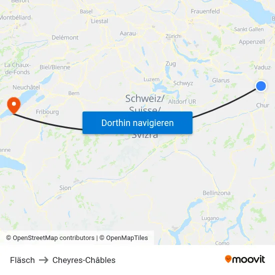 Fläsch to Cheyres-Châbles map