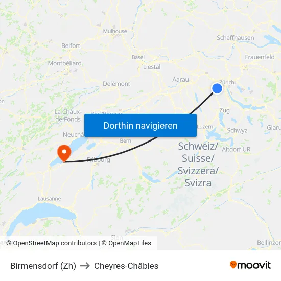 Birmensdorf (Zh) to Cheyres-Châbles map