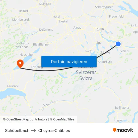 Schübelbach to Cheyres-Châbles map