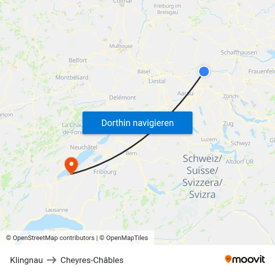 Klingnau to Cheyres-Châbles map