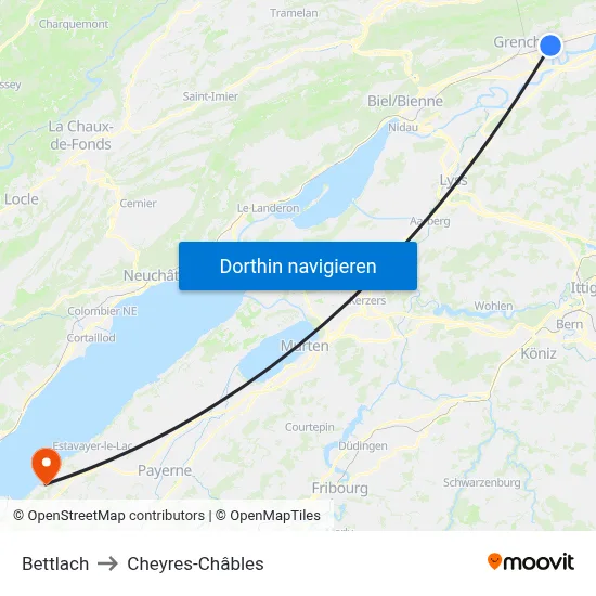 Bettlach to Cheyres-Châbles map