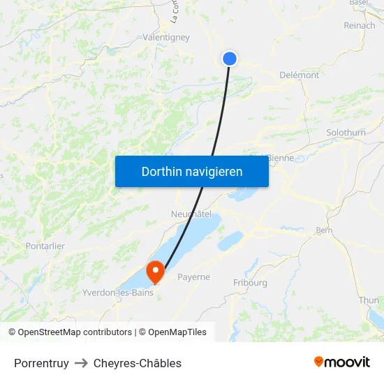 Porrentruy to Cheyres-Châbles map