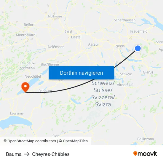 Bauma to Cheyres-Châbles map