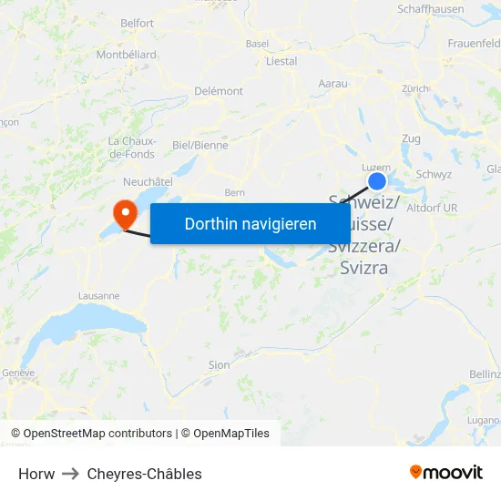 Horw to Cheyres-Châbles map