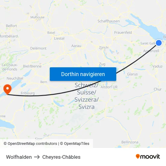 Wolfhalden to Cheyres-Châbles map