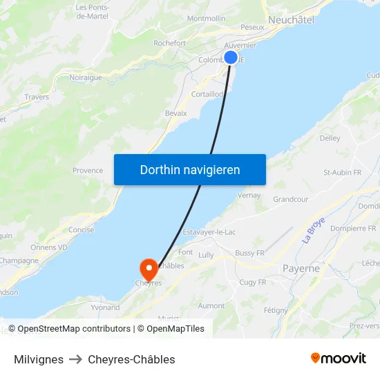 Milvignes to Cheyres-Châbles map