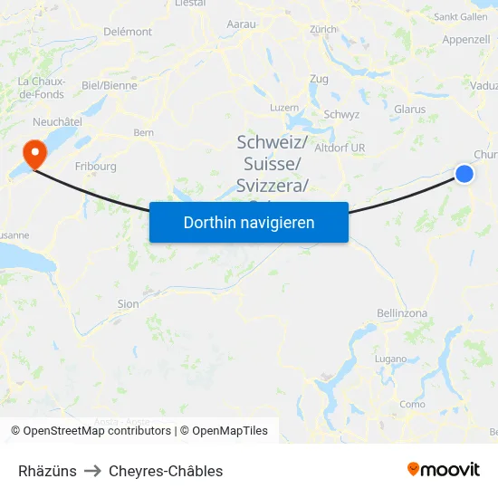 Rhäzüns to Cheyres-Châbles map