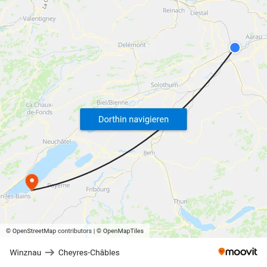 Winznau to Cheyres-Châbles map