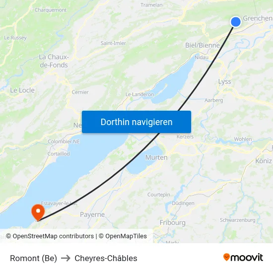 Romont (Be) to Cheyres-Châbles map