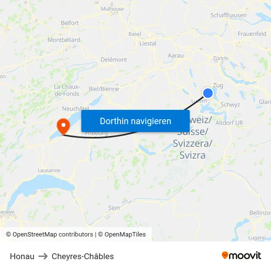 Honau to Cheyres-Châbles map