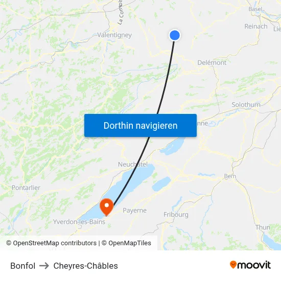 Bonfol to Cheyres-Châbles map