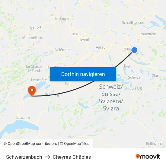Schwerzenbach to Cheyres-Châbles map
