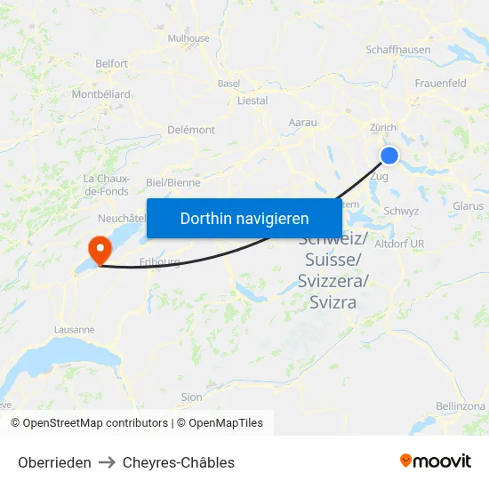 Oberrieden to Cheyres-Châbles map