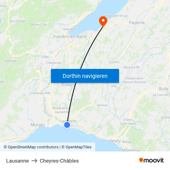 Lausanne to Cheyres-Châbles map
