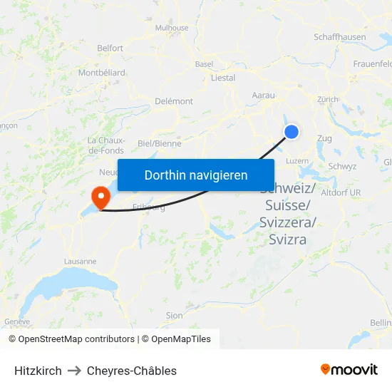 Hitzkirch to Cheyres-Châbles map