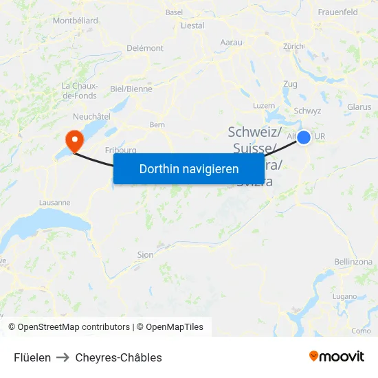 Flüelen to Cheyres-Châbles map
